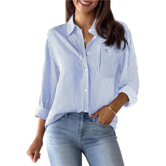 Tops - Womens Button Down Shirts Cotton Striped Dress Shirts Long Sleeve Button Up